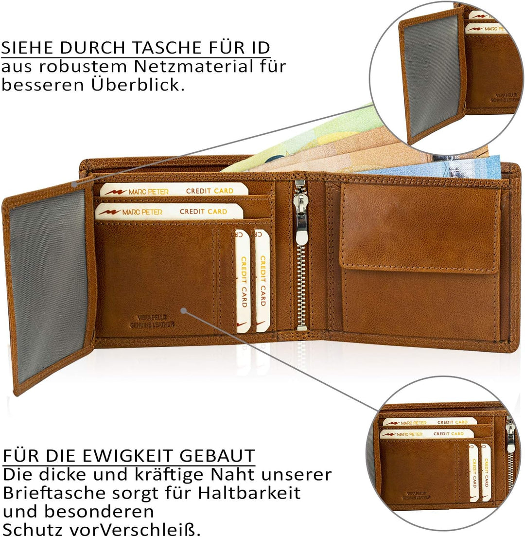 Marc Peter® Echt-Leder Geldbörse Hanover | Geldbeutel für Herren mit RFID-Schutz | Gross 10 Fächer P