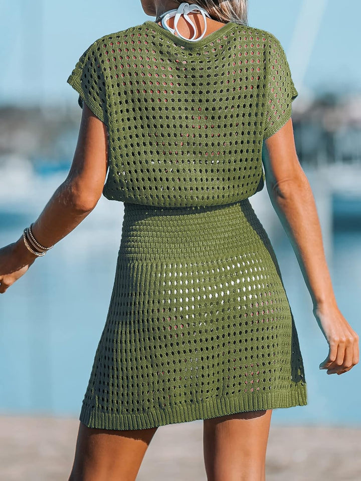 CUPSHE Damen Bikini Cover Up Strandkleid V Ausschnitt Knöpfen Lochmuster Häkelt Freizeitkleider Somm