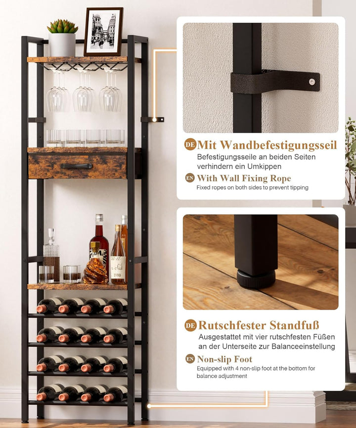 Yorbay Weinregal für 16 Flaschen, 4-Stöckiges Freistehendes Weinregal mit Glashaltere und Schublade,