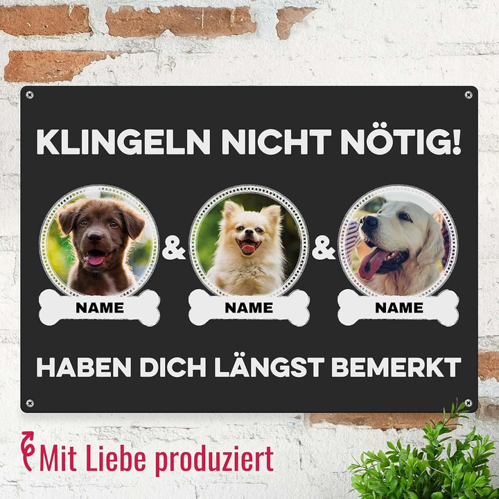 Hunde Schild personalisiert - Klingeln nicht nötig - Metallschild mit Foto und Name für aussen, wett