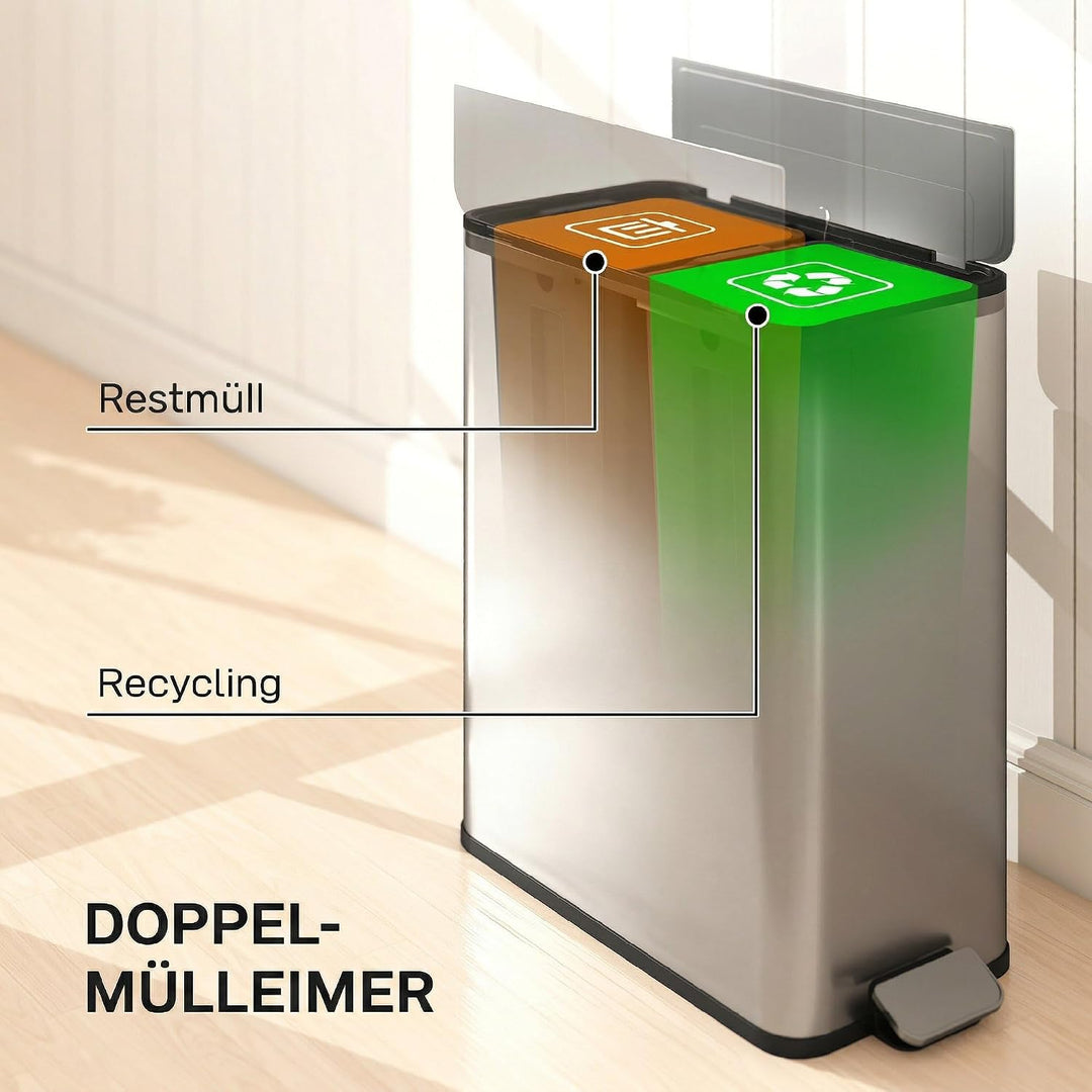 HOMCOM Küchenmülleimer Soft-Close-Schmetterlingsdeckel 2 x 28L Silberton | Edelstahl-Tretmülleimer,
