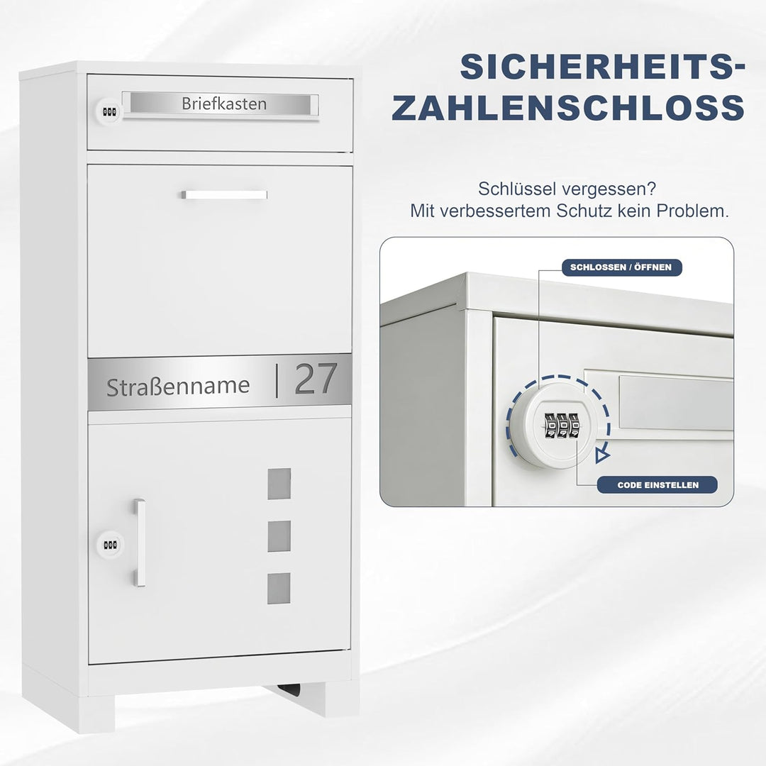 Paketbriefkasten Metall mit Zahlenschloss personalisiert | Paketbox Weiss lasergraviertes Namensschi