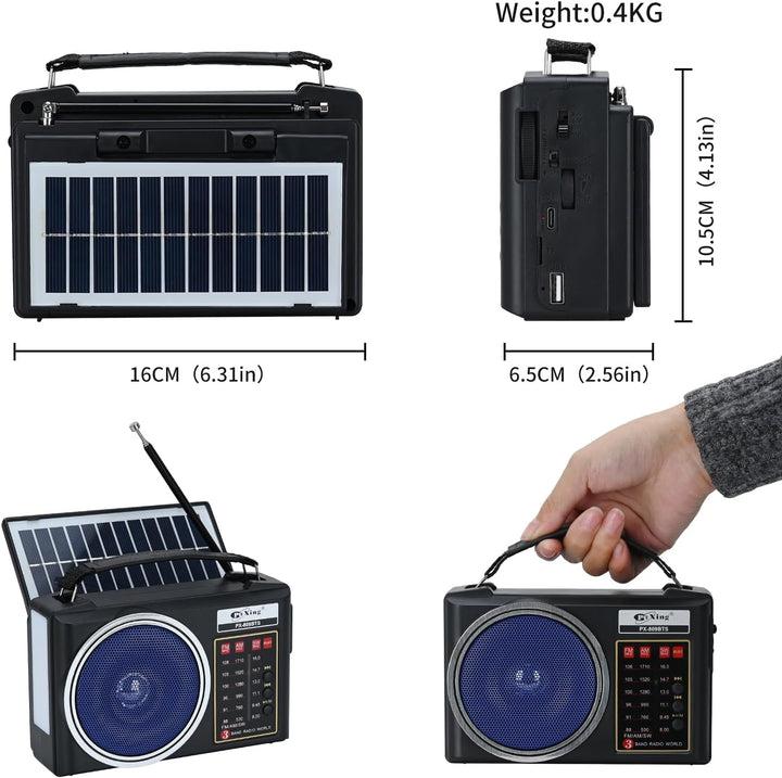 Tragbares Retro-Radio, kompaktes AM/FM/SW-Bluetooth-Radio mit Solarpanel, tragbare LED-Beleuchtung,