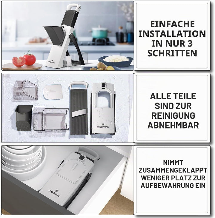 ONCE FOR ALL Upgrade Safe Mandoline Slicer Plus, grössere Grösse, verstellbarer Gemüse- und Lebensmi