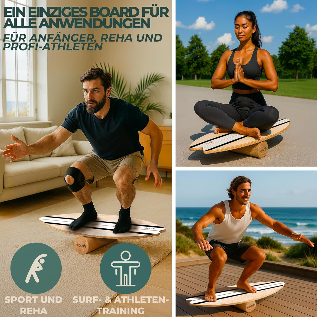 STAASH® PRO Balance Board - Premium Birkenholz mit 5 Trainings-Modulen | Komplettset für Core, Balan
