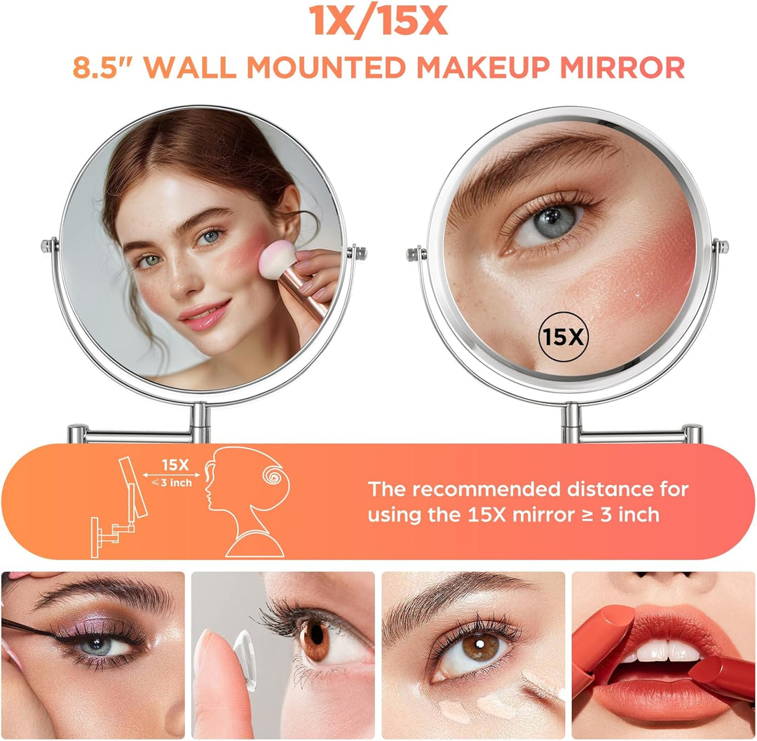 Wandmontierter Make-up-Spiegel - 8,5 Zoll doppelseitiger Make-up-Spiegel mit erweitertem Arm, 1X / 1