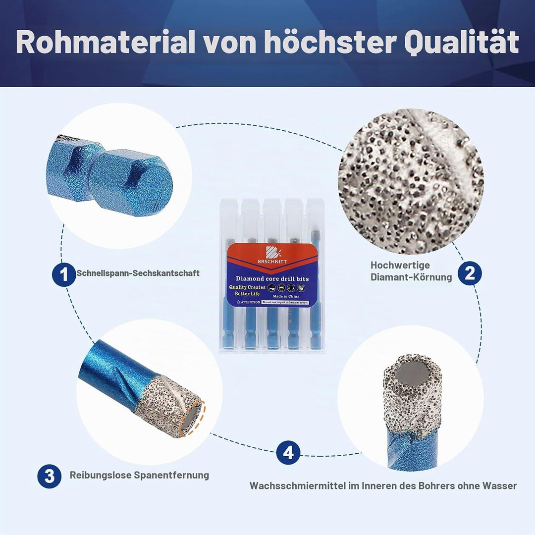 Diamantbohrer Fliesenbohrer Set 6/8/10mm - BRSCHNITT 5 Stück Sechskant-Schaft fliesenbohrer set- Loc
