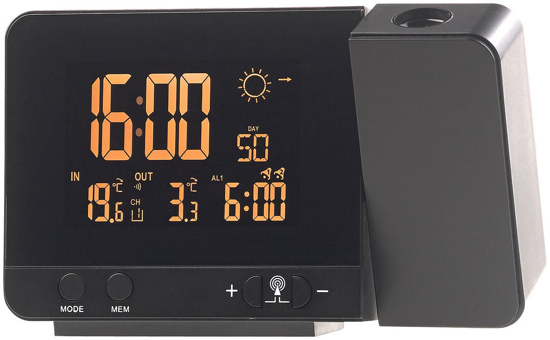 infactory Funk Projektionswecker: Funk-Wetterstation mit Projektions-Wecker, Aussensensor & USB, sch