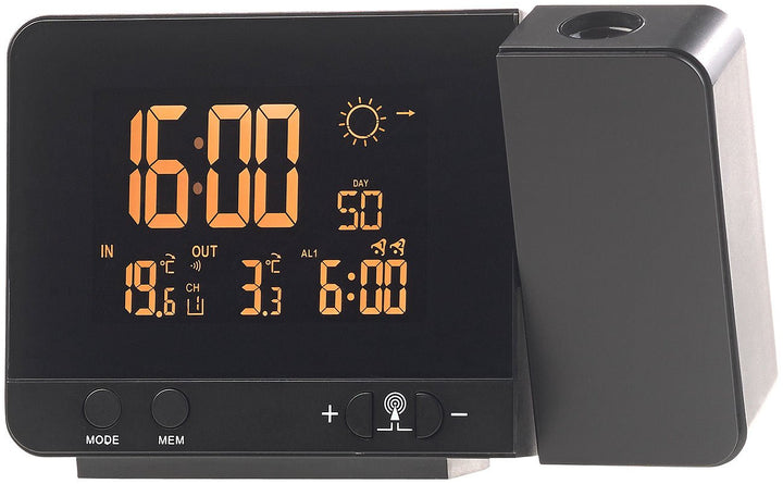 infactory Funk Projektionswecker: Funk-Wetterstation mit Projektions-Wecker, Aussensensor & USB, sch