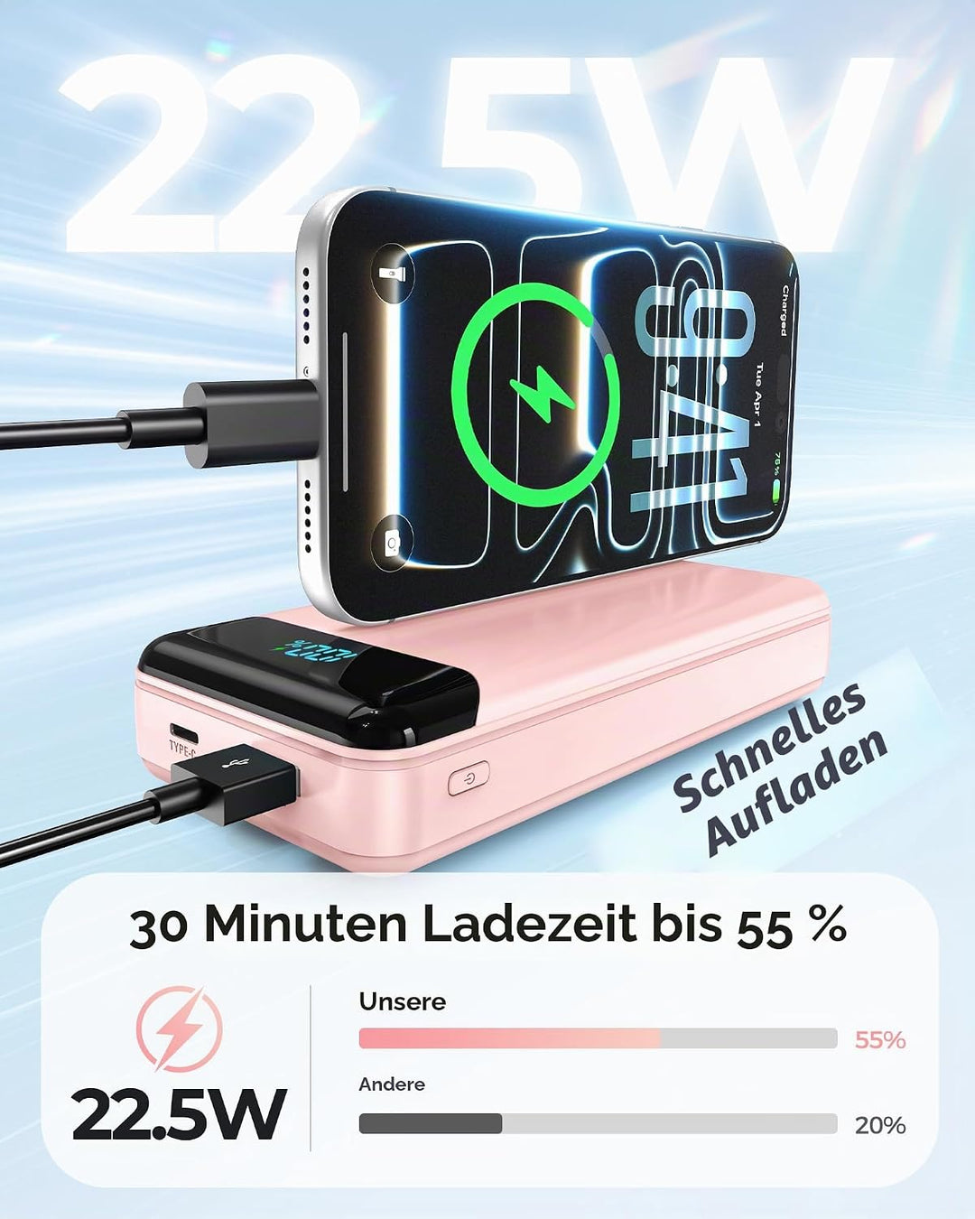 Enerwow Power Bank 27000mAh 22.5W Schnellladen mit Integriertem USB-C Kabel | Externer Akkupack 4 Au