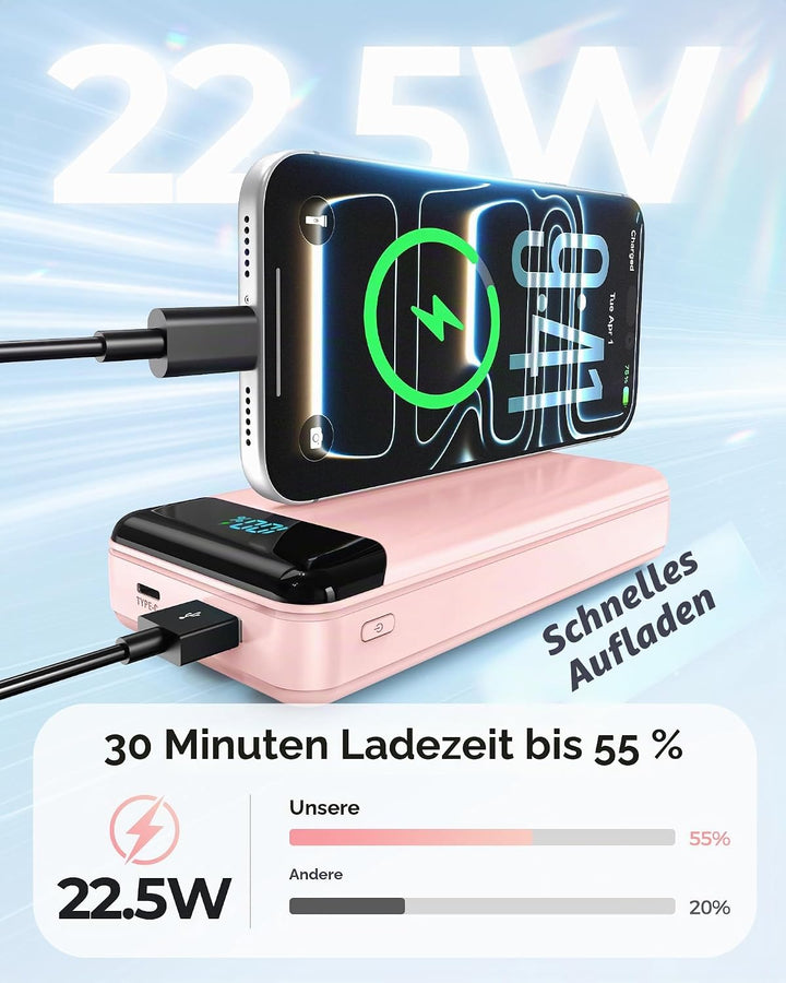 Enerwow Power Bank 27000mAh 22.5W Schnellladen mit Integriertem USB-C Kabel | Externer Akkupack 4 Au
