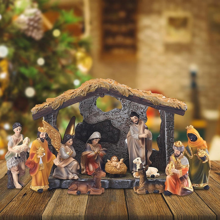 Weihnachtskrippe Komplettset, Weihnachtskrippe mit Figuren, Weihnachtsfiguren Krippe aus Kunstharz,