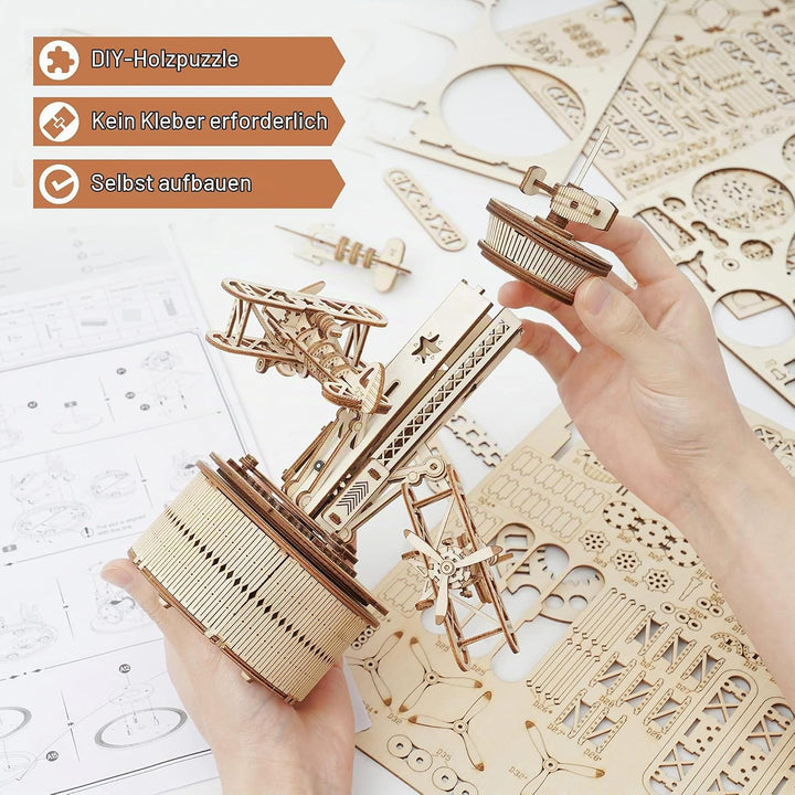Robotime 3D Holzpuzzle Spieluhr Modellbausatz Mechanische Flugkontrollturm Holz Bastelset für Kinder
