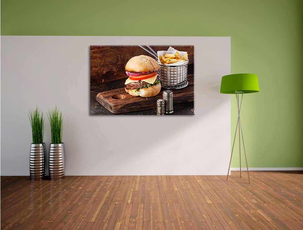 Cheesburger mit Pommes, Format: 100x70 auf Leinwand, XXL riesige Bilder fertig gerahmt mit Keilrahme