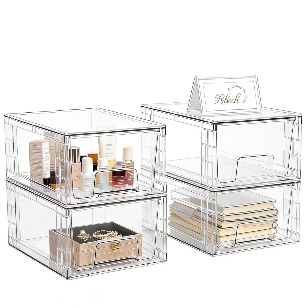 4er-Set Mittelgrosse Stapelbare Aufbewahrungsschubladen – Transparente Acryl-Organizer mit Griffen,