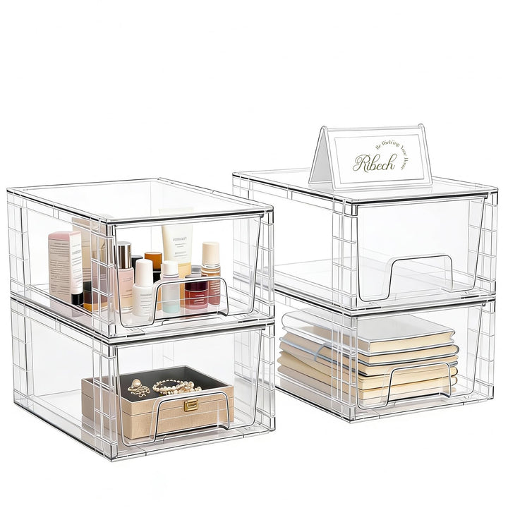 4er-Set Mittelgrosse Stapelbare Aufbewahrungsschubladen – Transparente Acryl-Organizer mit Griffen,