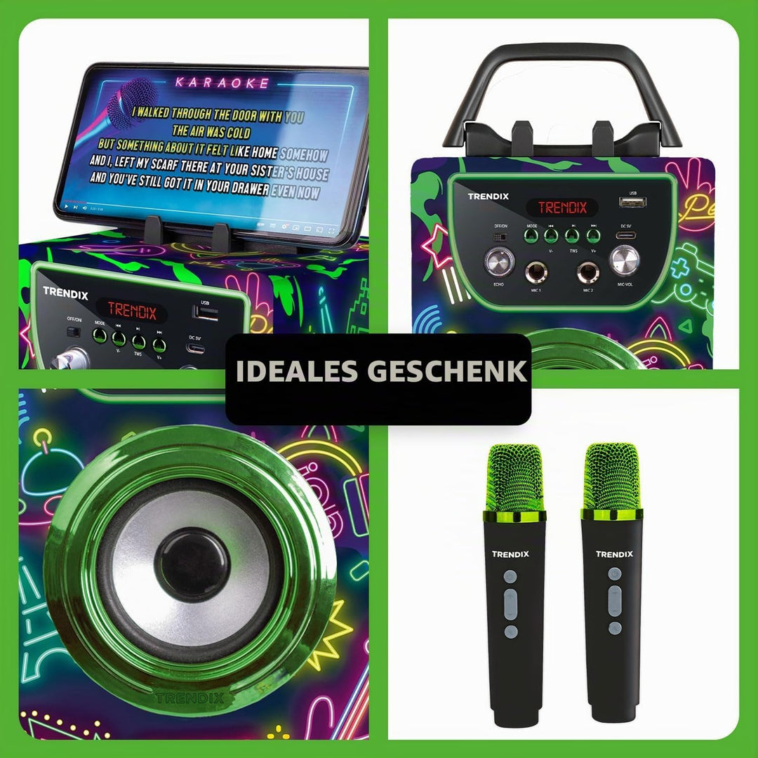 Trendix - Karaoke Maschine Kinder Neon World | Karaoke Anlage Mit 2 Mikrofonen | Musikbox Kinder Rad