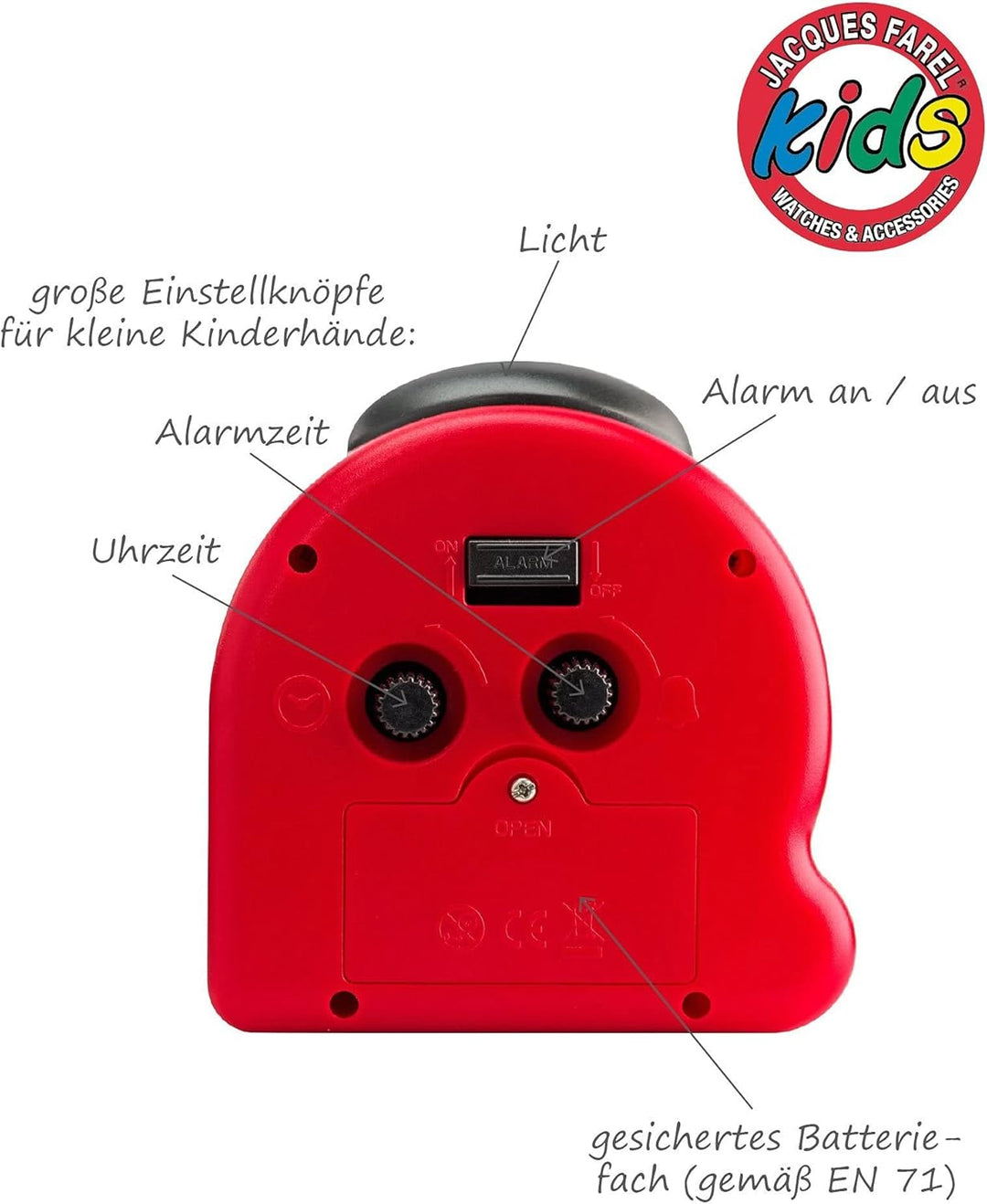 JACQUES FAREL HappySound Kinderwecker mit Melodie Soundwecker Rot mit Feuerwehr Sound Tatütata, Laut