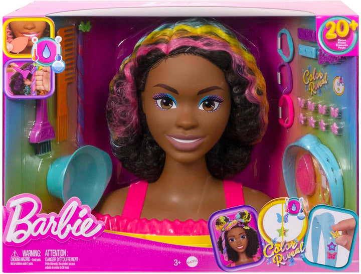 Barbie HMD79 - Barbie-Puppe Deluxe Styling-Kopf, Barbie Totally Hair, lockige braune Neon-Regenbogen