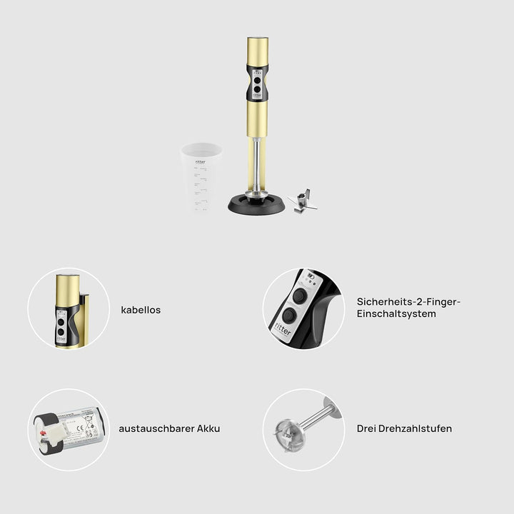 ritter stilo 7 kabelloser Stabmixer, Pürierstab mit Akku aus Vollmetall, Made in Germany, Gold