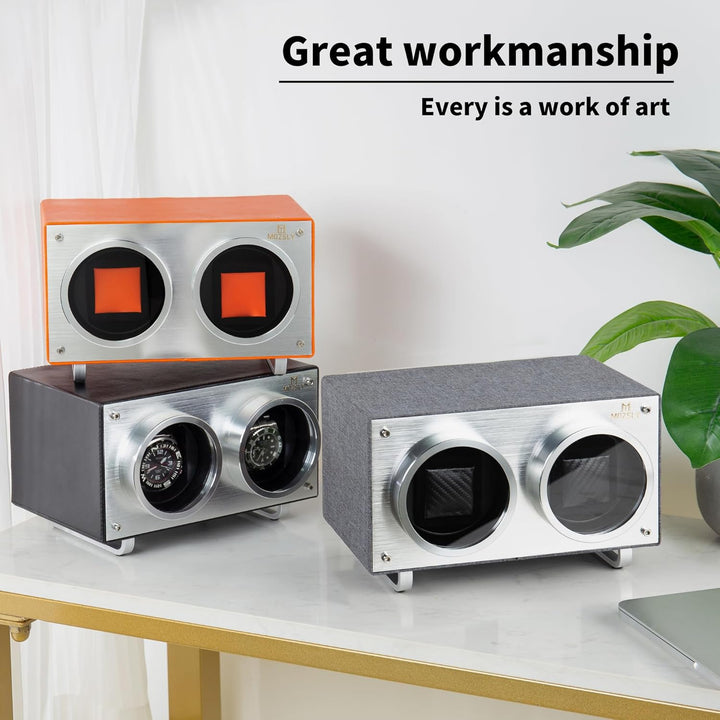 MOZSLY Doppel Uhrenbeweger für Automatikuhren mit leisem Motor Grau Hanf Baumwoll Gewebe Orange, Ora