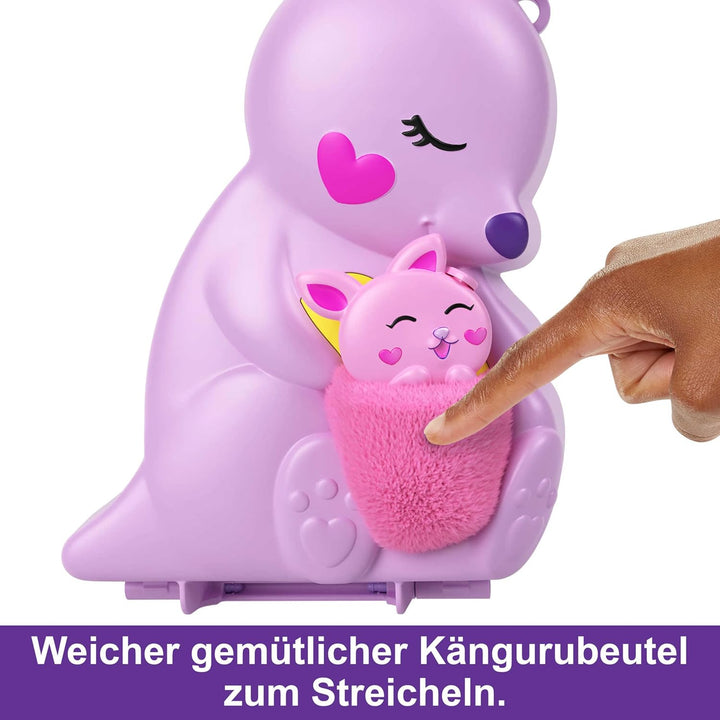 Polly Pocket Mama und Joey Känguru Tasche - 2-in-1-Spielset mit Tierkinderzimmer, 2 Puppen, 7 Tieren