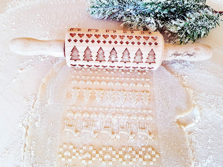 Kinder Nudelholz mit Muster Weihnachten Backen 3-er SET - Teigroller Holz für DIY Weihnachten Plätzc