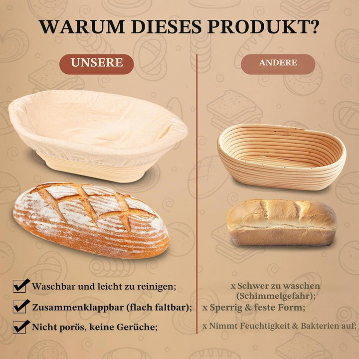 Sauerteig Starter Set – Faltbare Silikon Gärkörbchen (rund &amp; oval) mit Stoffauskleidung, Brotmesser