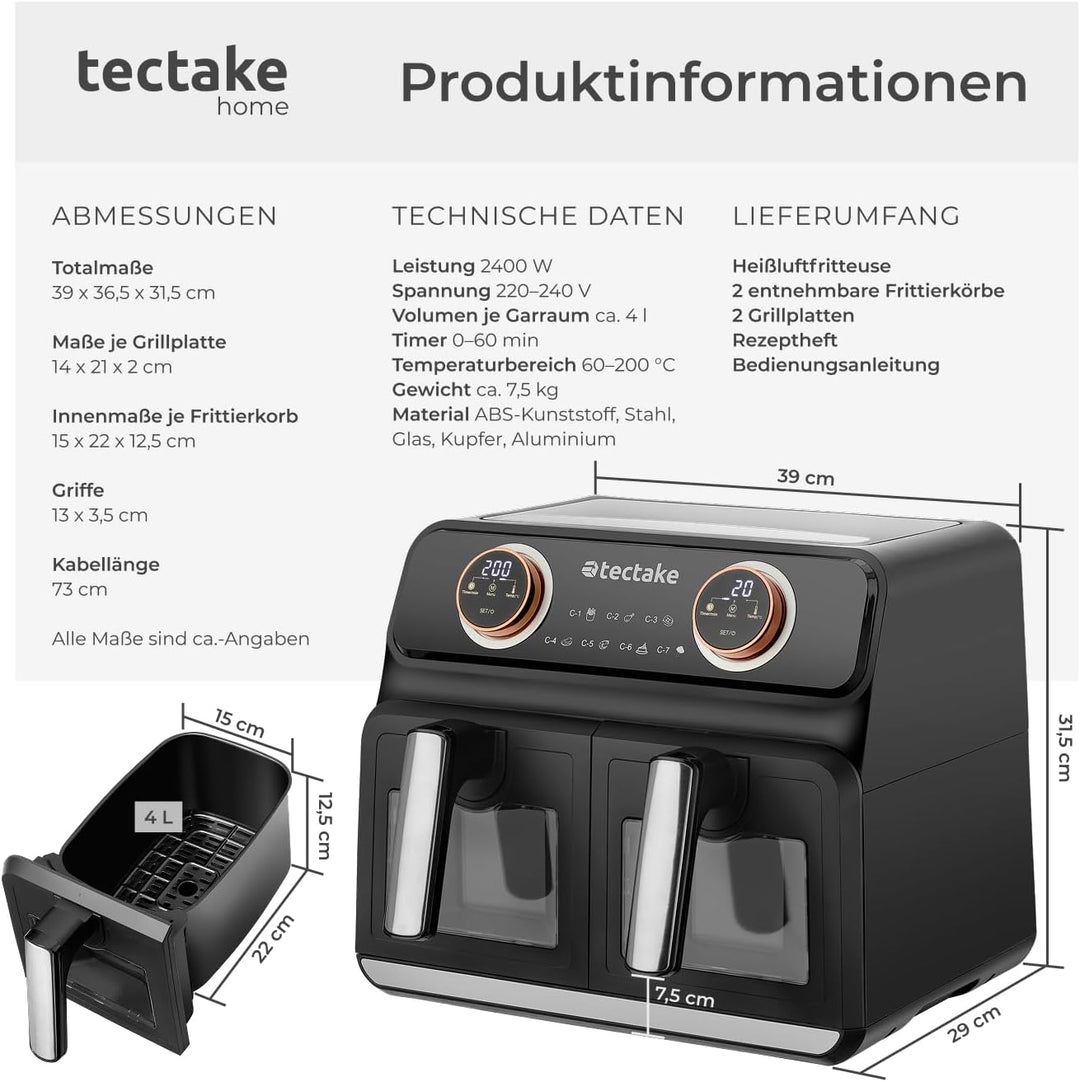 tectake® Heissluftfritteuse 2 Kammern, XXL Doppelkammer Airfryer mit 7 Programmen, 8L Dual Fritteuse