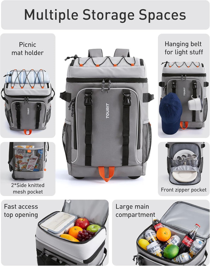 TOURIT Kühlrucksack mit Rollen für 50 Dosen, doppelter Boden und Doppelgriff, tragbare Kühltasche mi