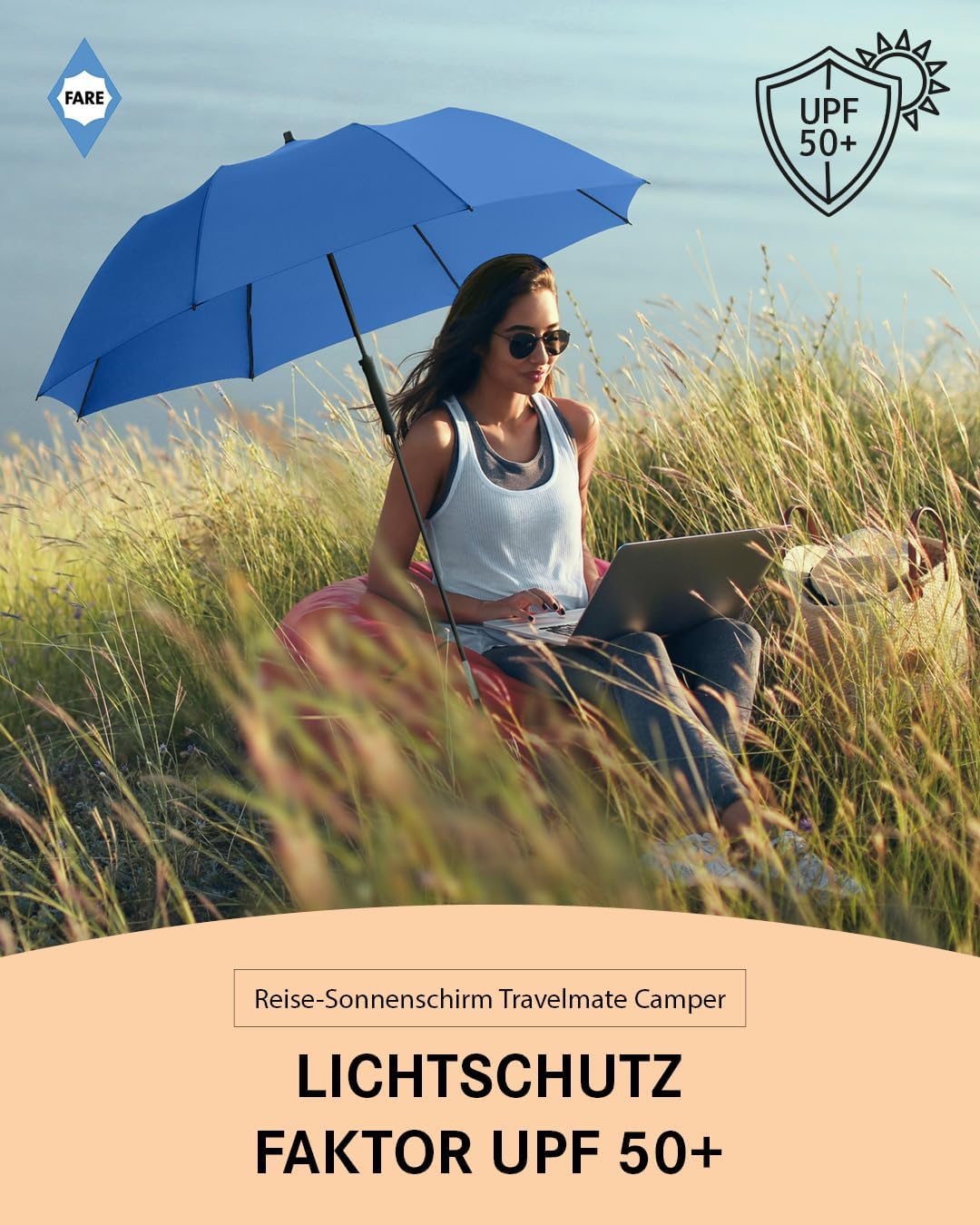 FARE Reise-Sonnenschirm Travelmate Camper UV Schutz 50+ für Koffer Flugzeug Camping Balkon Strand Ga