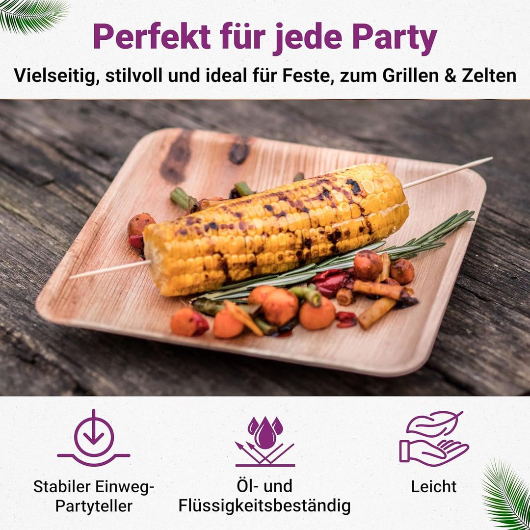 Waipur Bio Palmblatt Geschirr - 200 Teller eckig 20x20 cm - Premium Einweg Geschirr kompostierbar -