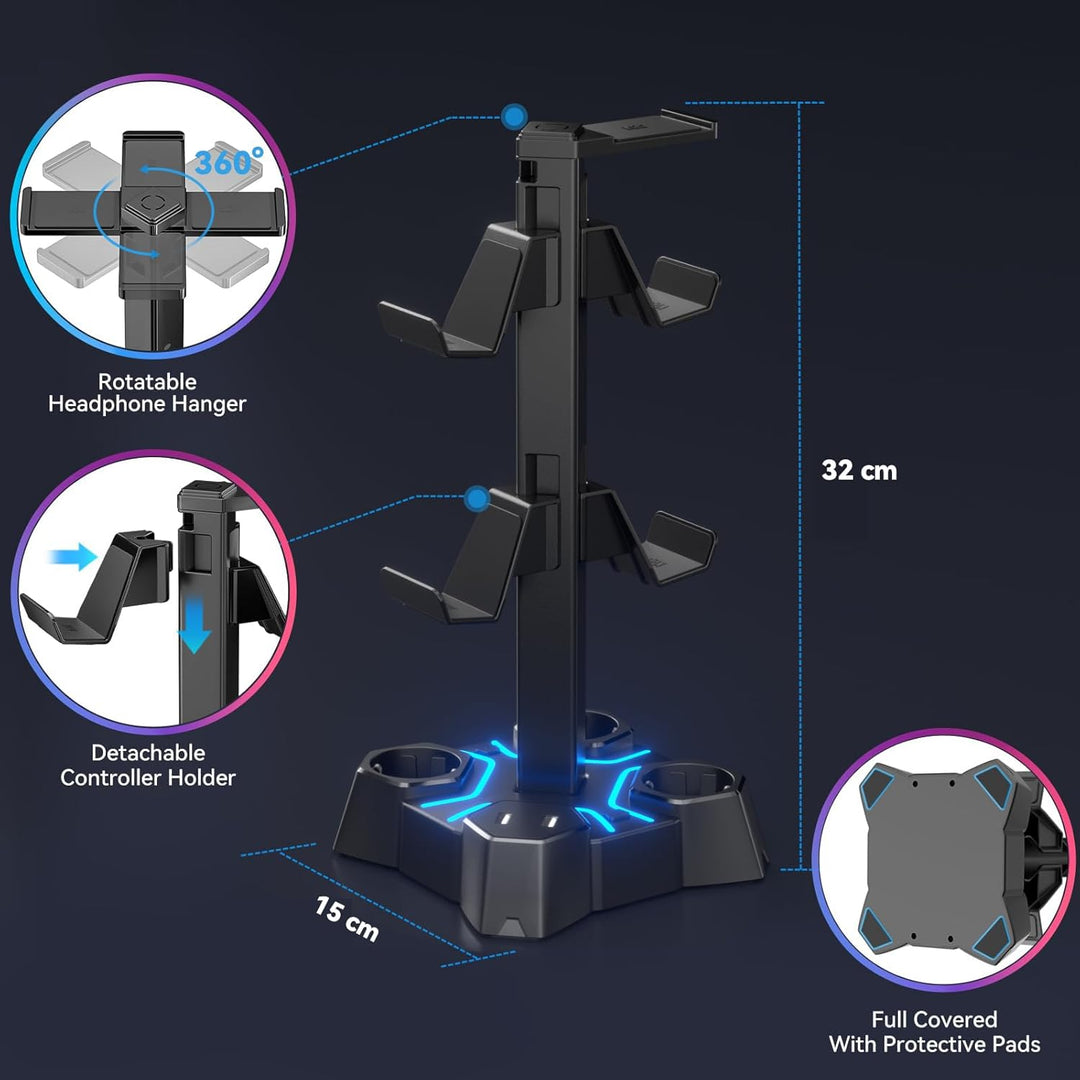 KDD Headset Halterung Led mit USB Ladestation, Controller Halterung & Kopfhörer Ständer Tisch mit 2