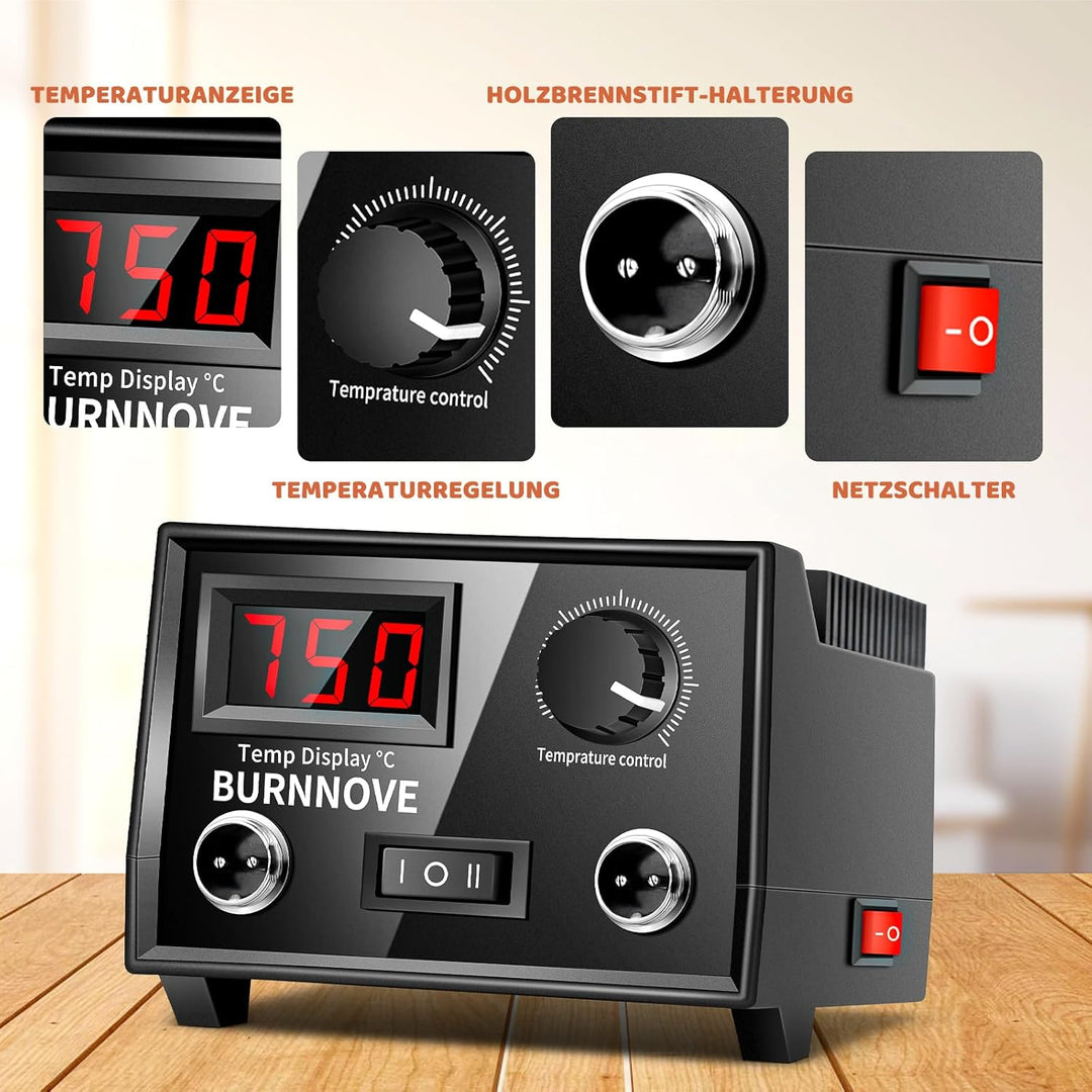 BURNNOVE Holz Pyrographie Set 100W, 100–750°C, Doppel-Pyrographie-Stifte mit LCD-Display, 21 Spitzen