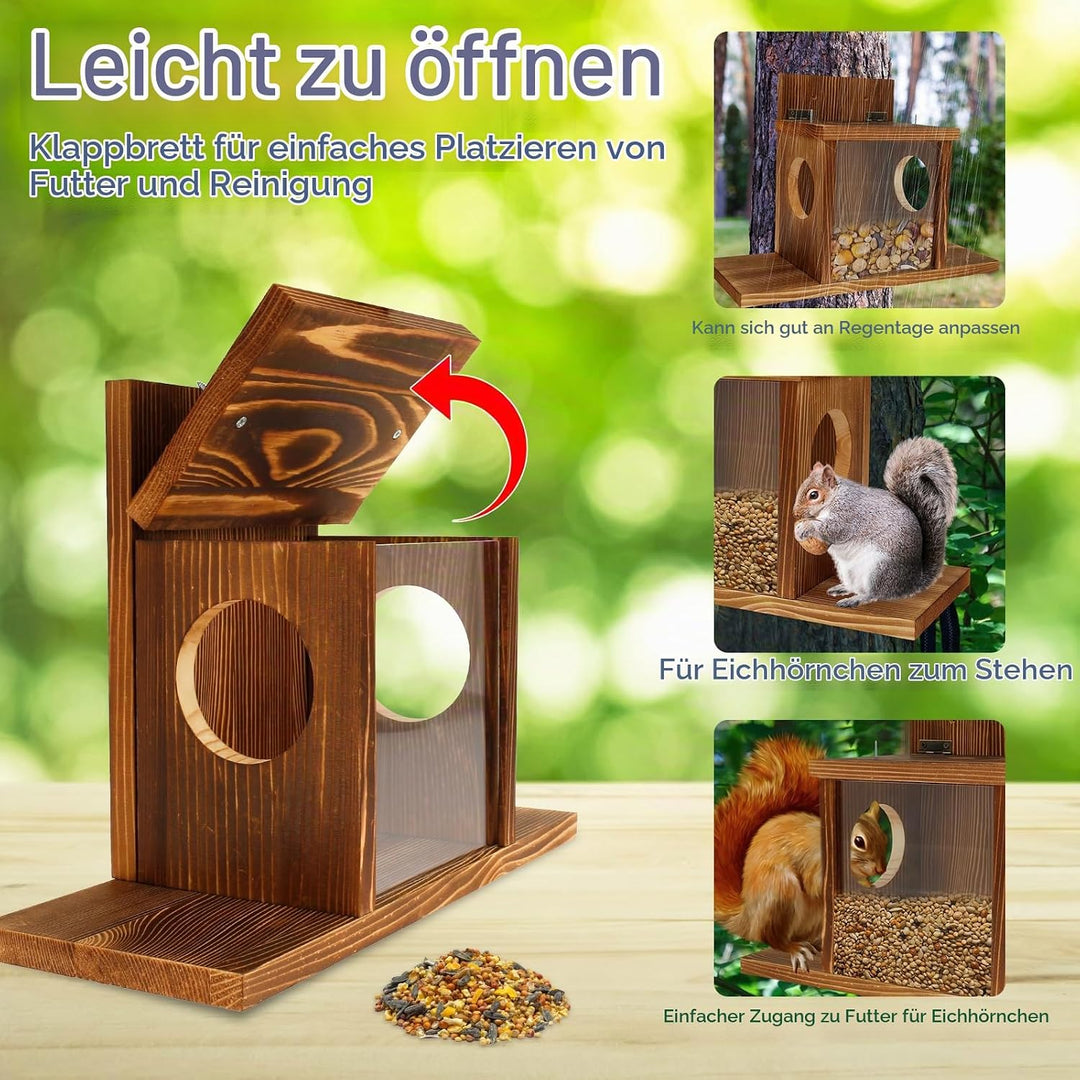 Futterhaus Eichhörnchen Wetterfest mit Quadratisches Transparentes Fenster Holz Stabiles Eichhörnche
