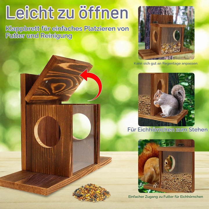 Futterhaus Eichhörnchen Wetterfest mit Quadratisches Transparentes Fenster Holz Stabiles Eichhörnche