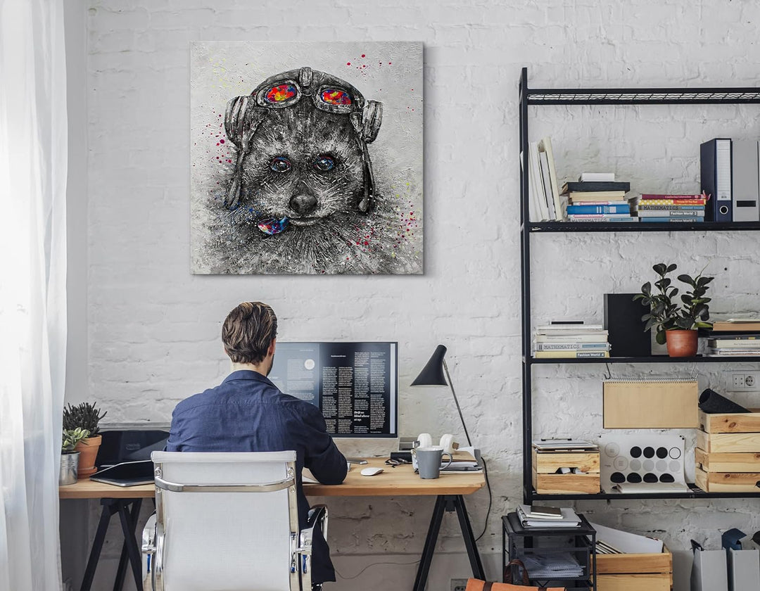 YS-Art XXL Abstrakt Acryl Gemälde auf Leinwand Waschbär lustig handgemalt Wandbilder Wohnzimmer Kind