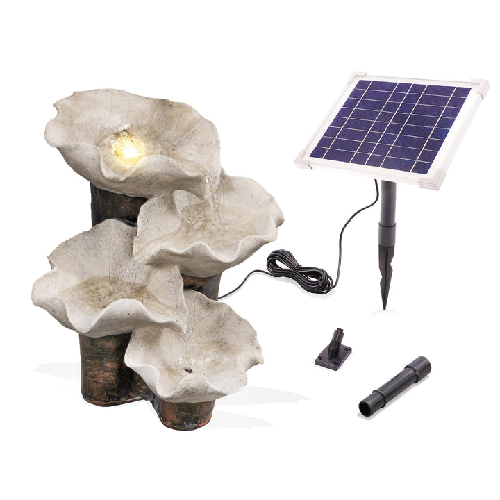 esotec Lotusblätter Solarbrunnen, Akku, LED, Kaskadenbrunnen, freistehender Springbrunnen, Lotus Gar