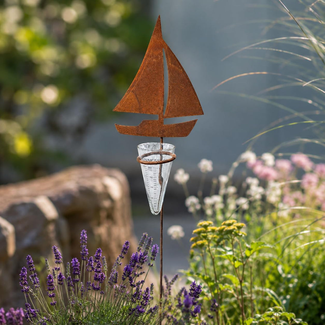 Bornhöft Edelrost Gartenstecker Schiff mit Glas-Regenmesser, Metall, 110 cm, Wetterfest, Garten-Deko
