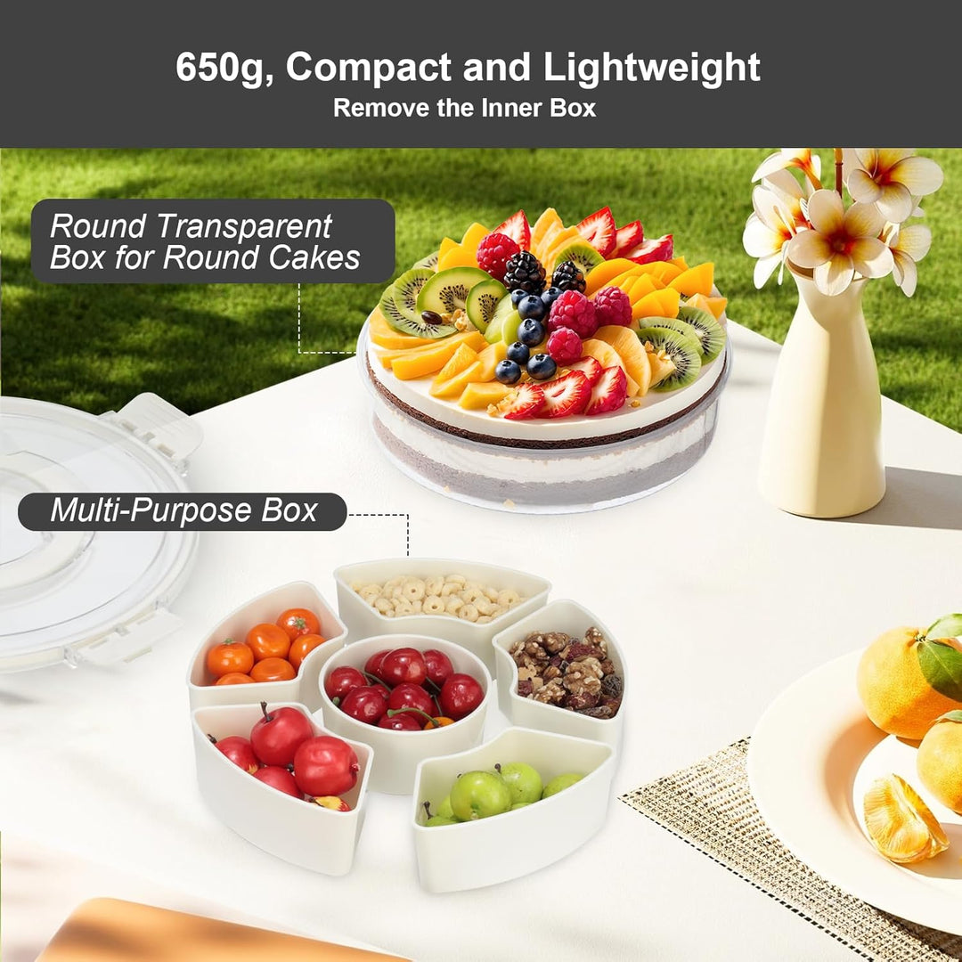 Cozary Rundes Snackbox Snackteller 27cm mit 6 Fächern und 360° Drehteller mit Deckel, PET+PP, ideal