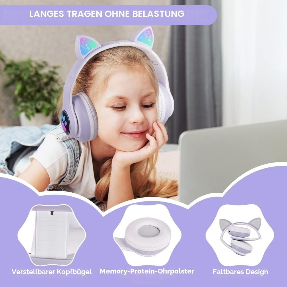 AXFEE Kinderkopfhörer Bluetooth, Katzenohr Over-Ear mit LED-Licht, Faltbar, Stereo, Kabellos mit Mik