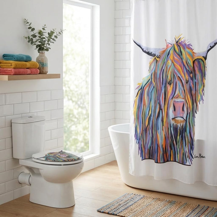 Croydex Duschvorhang mit Angus-McCoo-Kunst, Polyester metall, weiss, 1800mm x 1800mm Angus McCoo Dus