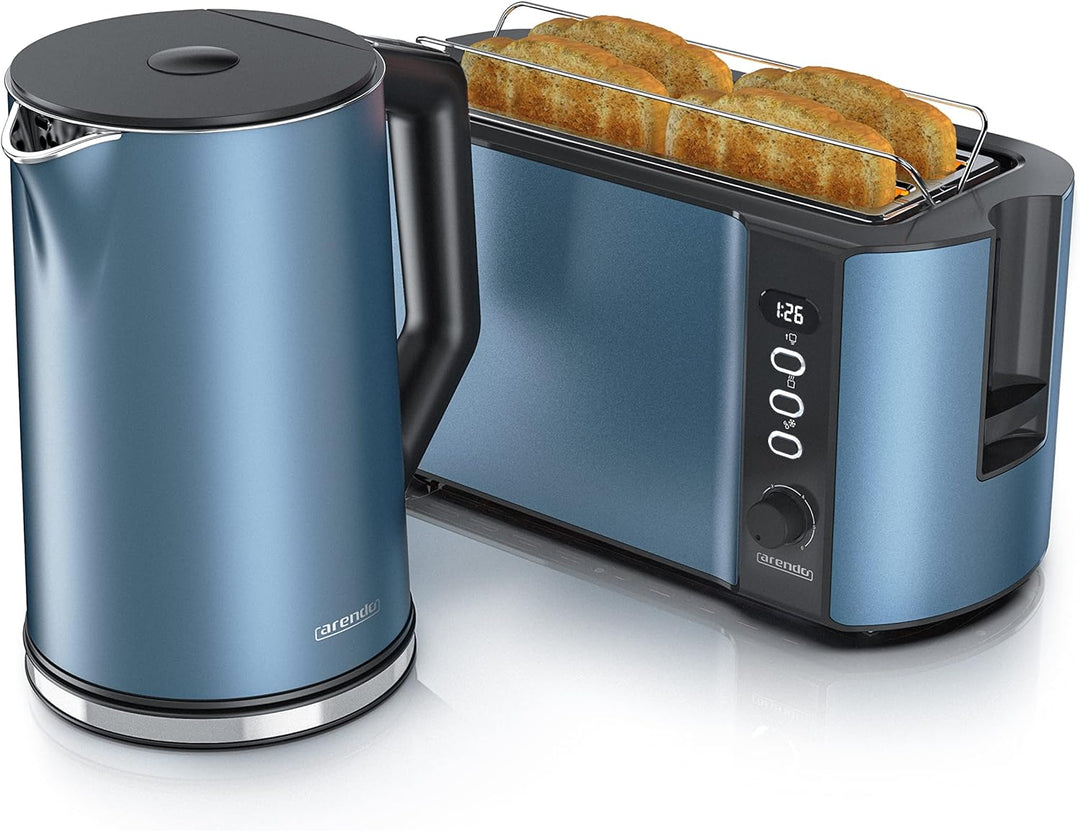 Arendo - Wasserkocher und Toaster SET Edelstahl Blau, Wasserkocher 1,5L, 40° - 100°C Warmhaltefunkti