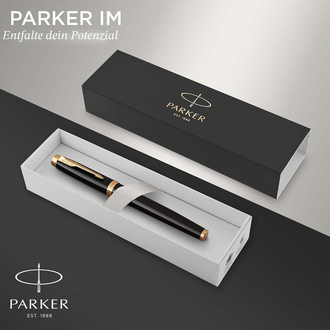 Parker IM Tintenroller | schwarze Lackierung mit Goldzierteilen | feine Spitze | Schwarz | Geschenkb