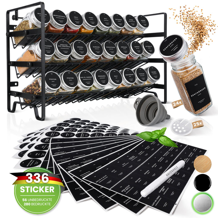 Havenhaus Gewürzregal Set | Gewürzregal stehend inkl. 24 Gewürzgläser + 336 Gewürzetiketten deutsch