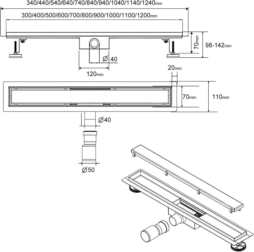 SaniteModar Duschrinne 80cm, Siphon mit Geruchsstop und Haarfilter, Bodenablauf, Befliesbar, Badezim