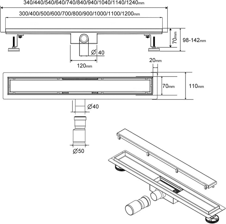 SaniteModar Duschrinne 80cm, Siphon mit Geruchsstop und Haarfilter, Bodenablauf, Befliesbar, Badezim