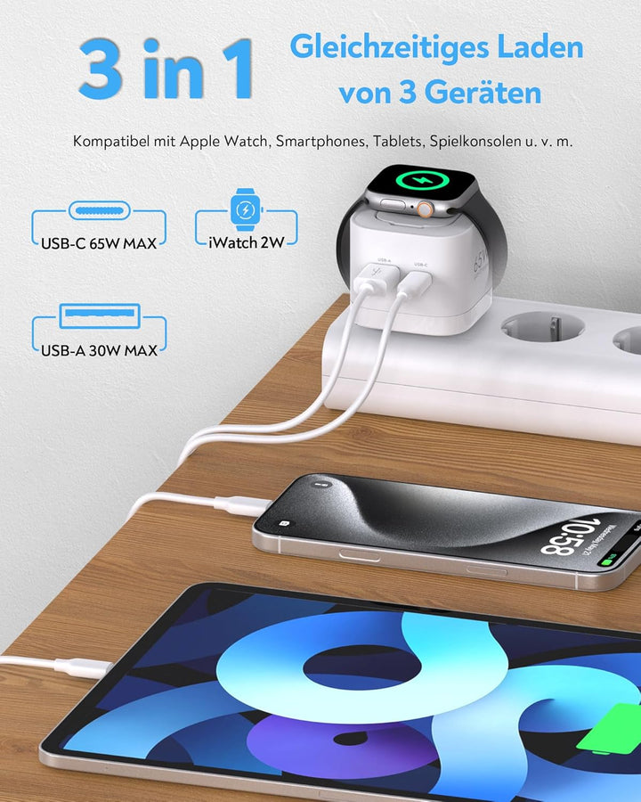 65W USB C Ladegerät für Apple Watch, 3 in 1 65W USB C iPhone Ladegerät PD 3.0 Schnellladegerät für i