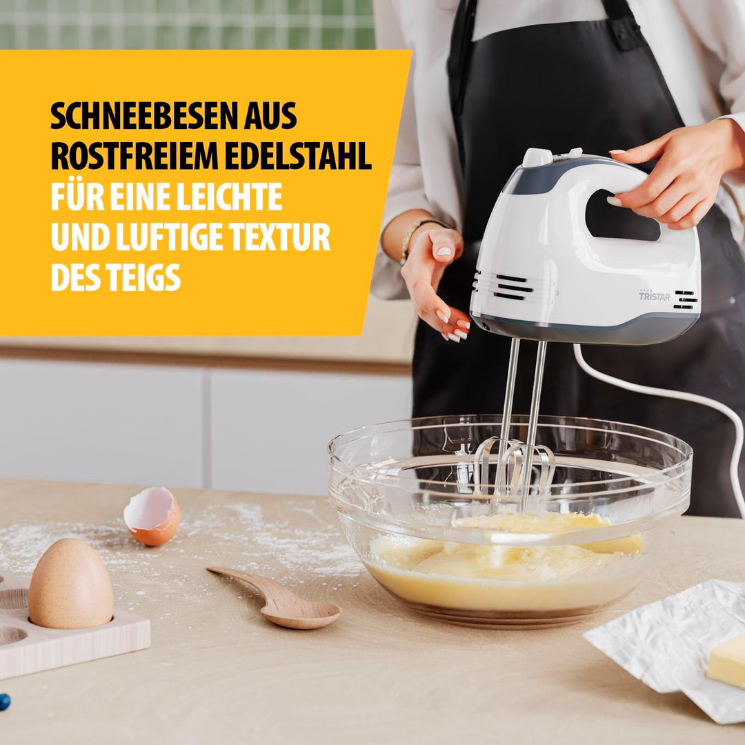 Tristar Handmixer, 5 Geschwindigkeitsstufen, 200W, Ergonomisch, Edelstahl-Rührbesen und Knethaken, S