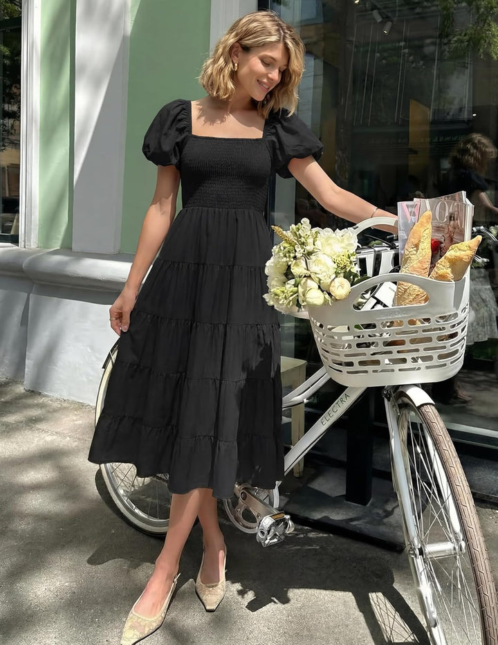 ZESICA Damen-Sommerkleid, eckiger Ausschnitt, Kurze Puffärmel, einfarbig, hohe Taille, lässig, flies